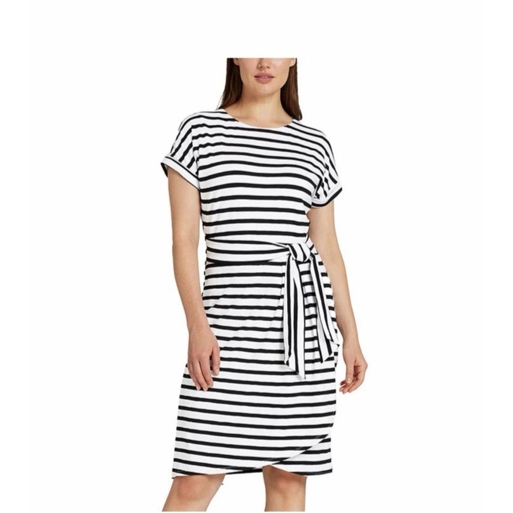 Chaps Crewneck Soft Jersey Belted T-Shirt‎ Midi Dress  XL Black White Stripe